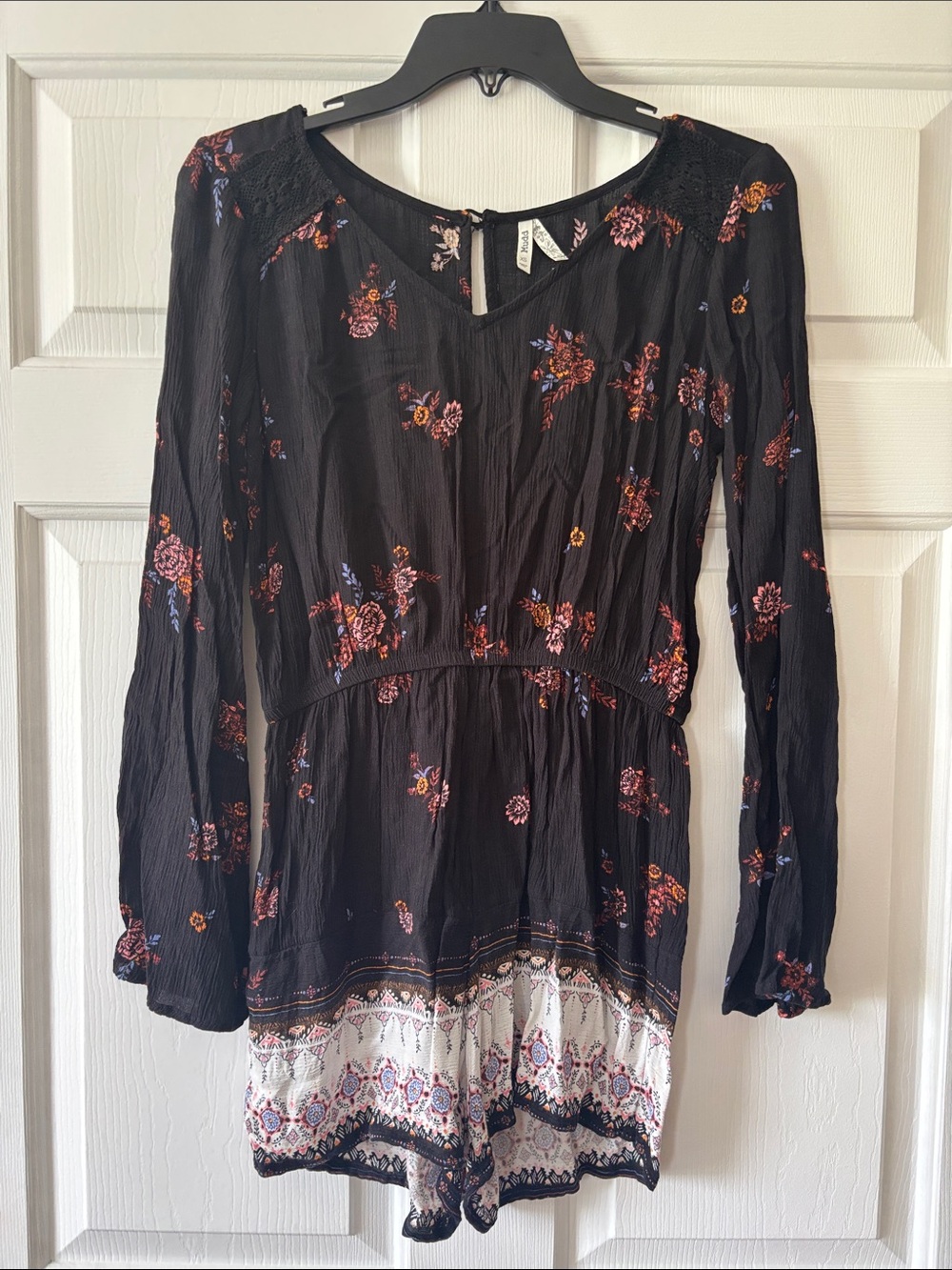 Floral Black Long-Sleeve V-Neck Romper
